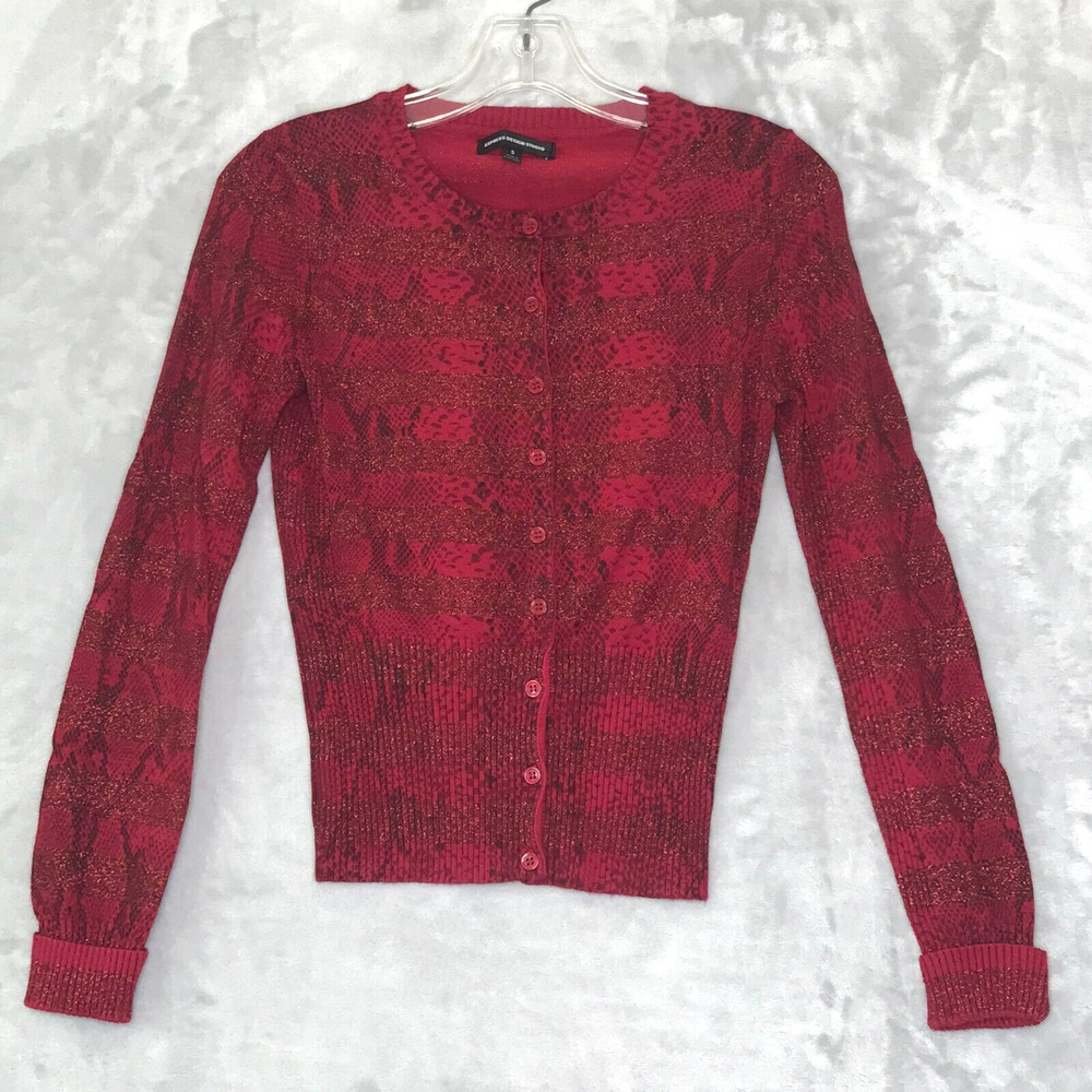 Express Cardigan Sweater Womens Small Red Python Print Red Glitter Stripe Button